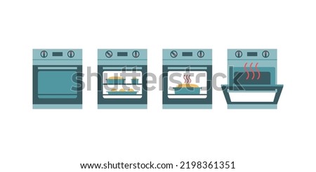 Oven icons set on white background: closed oven, baking and open