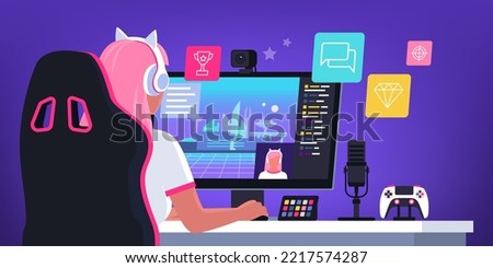 Similar – Image, Stock Photo Teenager girl playing video game at home. Gamer playing online in dark room lit by neon lights. Competition and having fun