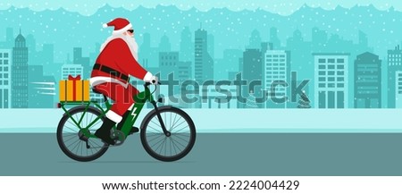 Similar – Image, Stock Photo Santa Claus riding bicycle along mountain road