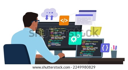 Software developer sitting at desk and working with computers, he is checking the code