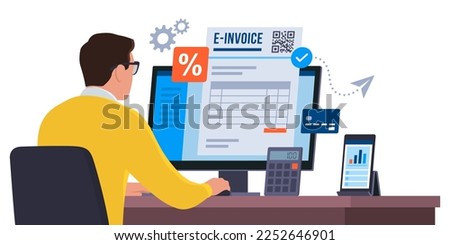 Professional businessman working with his computer, he is sending an e-invoice online
