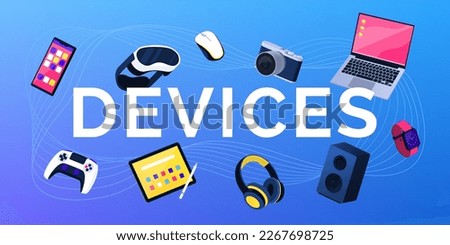Devices text and assorted electronic devices floating: technology concept