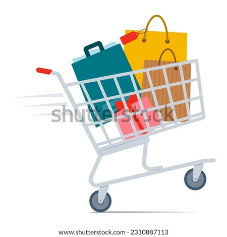 Shopping cart full of bags and gifts, online shopping and retail concept