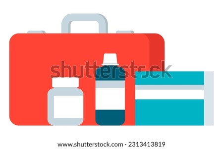 First aid kit and medicaments, emergency and healthcare concept