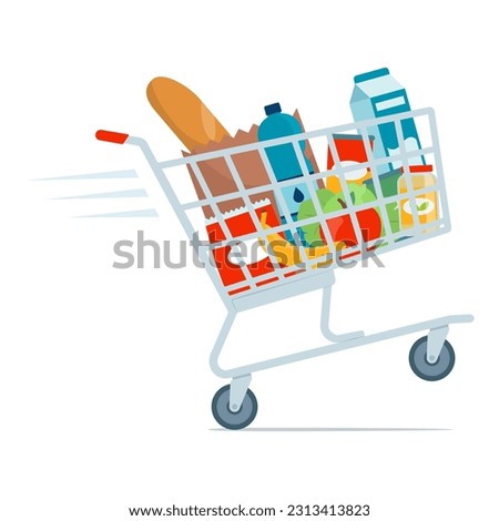 Fast supermarket shopping cart full of fresh groceries isolated