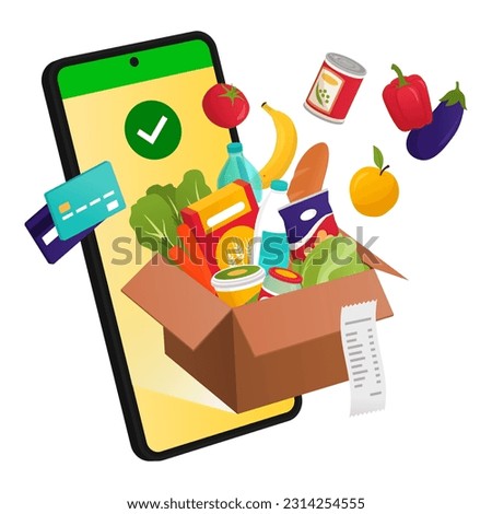 Delivery box full of groceries popping out of a smartphone screen: online grocery shopping concept