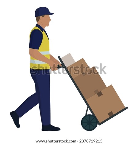 Man pushing a loaded hand cart, warehouse worker, isolated