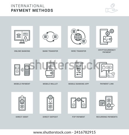 International payment methods, transactions and digital wallet icon set, one color