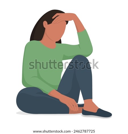 Sad worried woman sitting on the floor and thinking, mental health concept, isolated