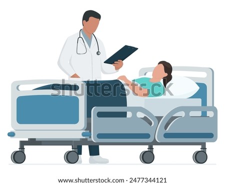 Doctor visiting a patient at the hospital, the female patient is lying down on a medical bed, healthcare concept, isolated