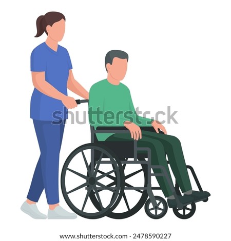 Senior patient in a wheelchair and caregiver, healthcare concept, isolated