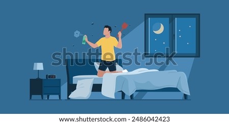 Angry man killing mosquitoes at night in his bedroom using a spray repellent