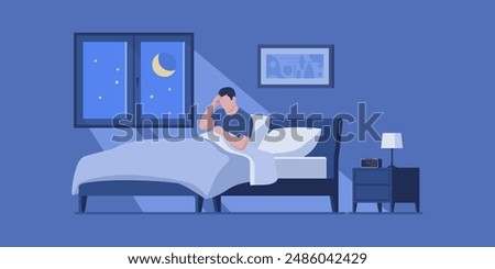 Exhausted man suffering from insomnia, he is awake and lying in bed late at night