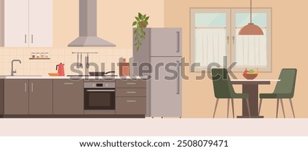 Modern kitchen and dining room interior with appliances and utensils