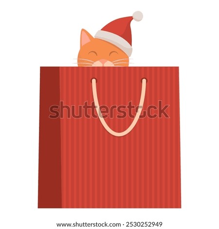 Cute cat wearing a Santa hat and standing inside a shopping bag as a Christmas gift, isolated