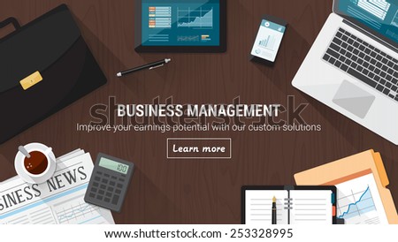 Business desktop with documents, computer and tools, financial occupation and stock market concept