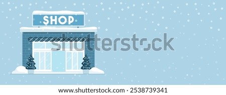 Shop with Christmas decorations under the snow, holiday sale concept, banner with copy space