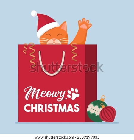 Happy cat hiding inside a shopping bag and waving his paw, Christmas and pets concept