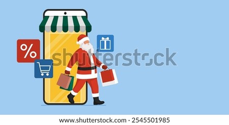 Santa Claus doing online shopping at Christmas, he is walking out of a virtual store in a mobile app on smartphone and holding many shopping bags with gifts