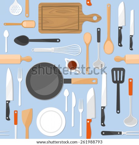 KItchen tools seamless pattern with kitchenware equipment on light blue pastel background