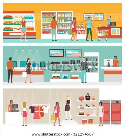 Supermarket, electronics store and clothing shop banner set with people shopping and buying products on shelves