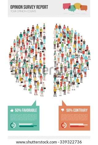 Opinion survey report with pie chart composed of people divided in half, statistics and demographics infographics