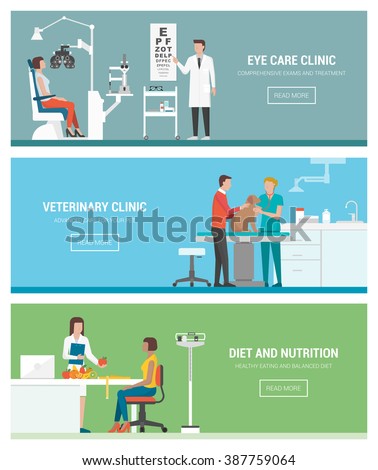 Healthcare and clinics banners set: optician and eye examination, veterinary animal clinic and dietitian with patient
