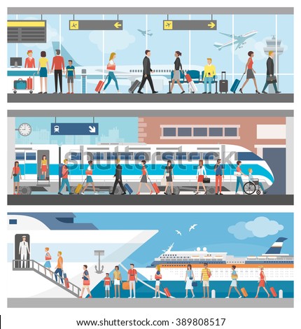 Transportation and travel banner set: business people and tourists at the airport, at the railway station and boarding on a luxury cruise ship