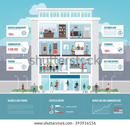 Corporate office building infographics with business people working, conference room, waiting room and reception