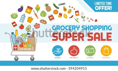 Grocery discount shopping banner with shopping cart filled with food and products, offers and sales concept