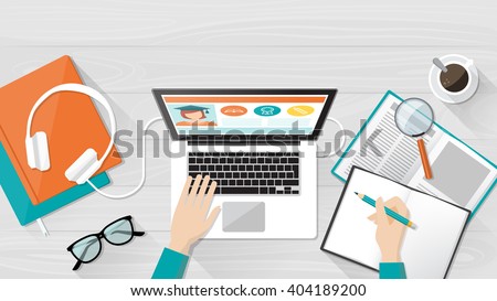 E-learning, education and university banner, student's desktop with laptop, books and hands, top view