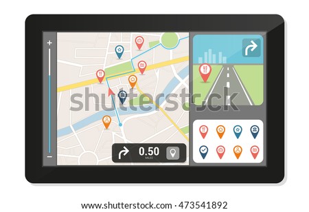 Gps navigation device and city map with pins and icons, technology and traveling concept Stok fotoğraf © 
