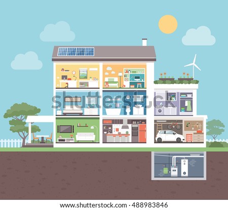 Modern house cross section with rooms: bedroom, office, bathroom, kitchen, living room, laundry, garage, boiler room