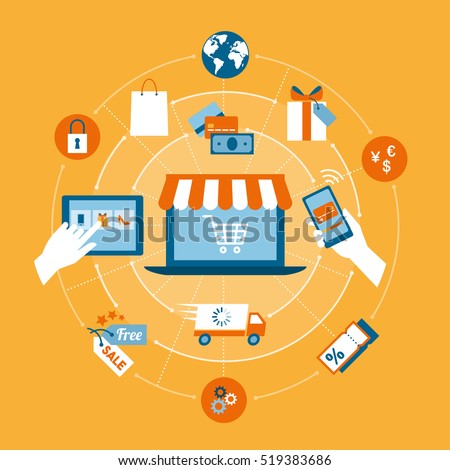 Online shopping, e-payment, retail and delivery concept, laptop with shopping cart at center