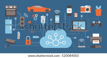 Internet of things, devices and connectivity concepts on a network, cloud at center