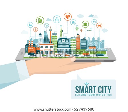 Hand holding a digital tablet with a contemporary smart city and apps icons: augmented reality and internet of things concept