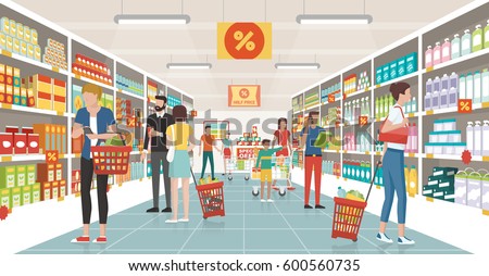 People shopping at the supermarket, they are choosing products on the shelves and pushing carts or shopping baskets