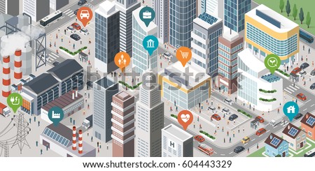 Isometric smart city with skyscrapers, industrial area, residential area, people and vehicles; location pins on the top of the buildings