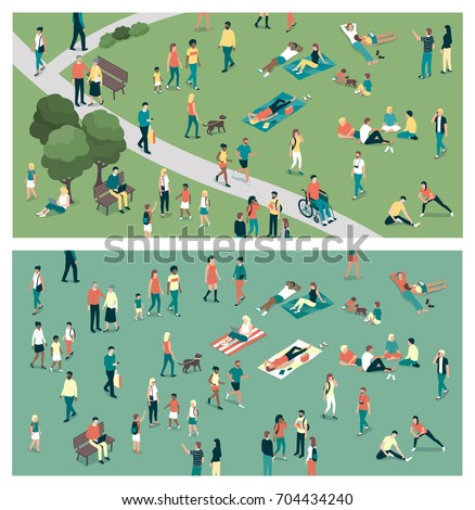 People gathering in the city urban park and relaxing in nature together, community and lifestyle concept