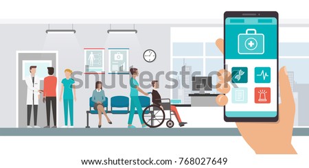Innovative medical app on a smartphone and hospital with doctors and patients on the background, healthcare and technology concept