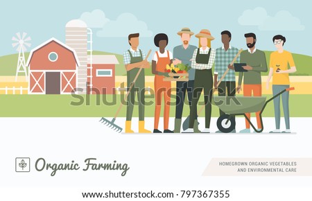 Young farmers team working together and growing organic vegetables, healthy food production concept