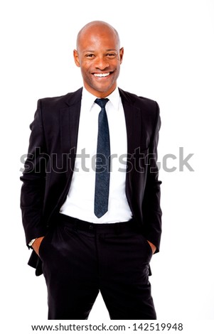 Happy African business man with his hands in his pockets shot on an isolated background