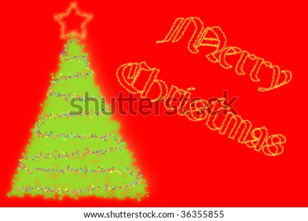 Christmas card with tree and writing over red background