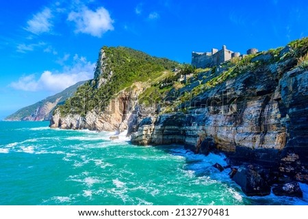 View from Grotta di Lord Byron to beautiful coast scenery - travel destination of Porto Venere, Province of La Spezia - Italy Stok fotoğraf © 