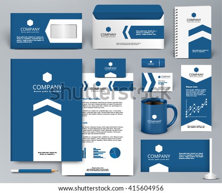 Professional blue luxury branding design kit with arrow for real estate/investment. Premium corporate identity template. Business stationery mock-up. Editable vector illustration: folder, cup, etc.