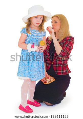 mother and the daughter admire a red rose in studio on a white background the isolated