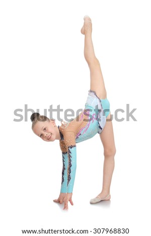 Stylish little gymnast sports swimsuit bent over doing the splits-Isolated on white background