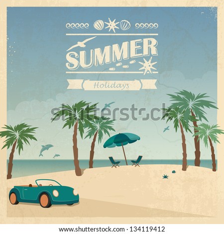 Summer color background in retro style with car and palm trees on the beach.