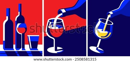 Set of posters with wine. Abstract aesthetic banners with alcohol drink, bottles and glasses. Restaurant, evening date and sommelier concept. Flat vector collection.