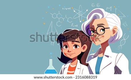 International day of women and girls in science. Vector illustration of happy mature and young female scientists.